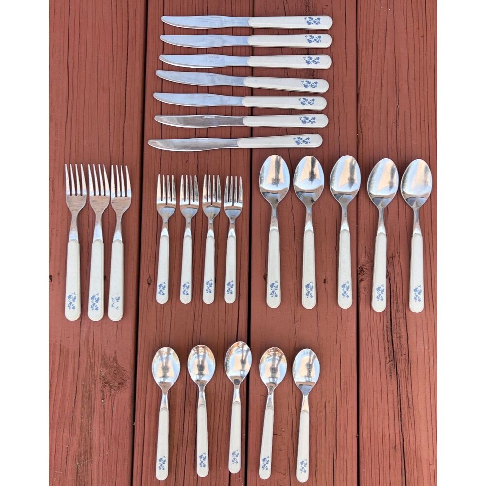 Vintage Pfaltzgraff Yorktowne Blue Floral Stainless Steel Flatware Lot 24 Pieces